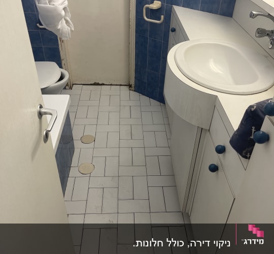 חדר אמבטיה נקי עם כיור, שירותים וקירות כחולים